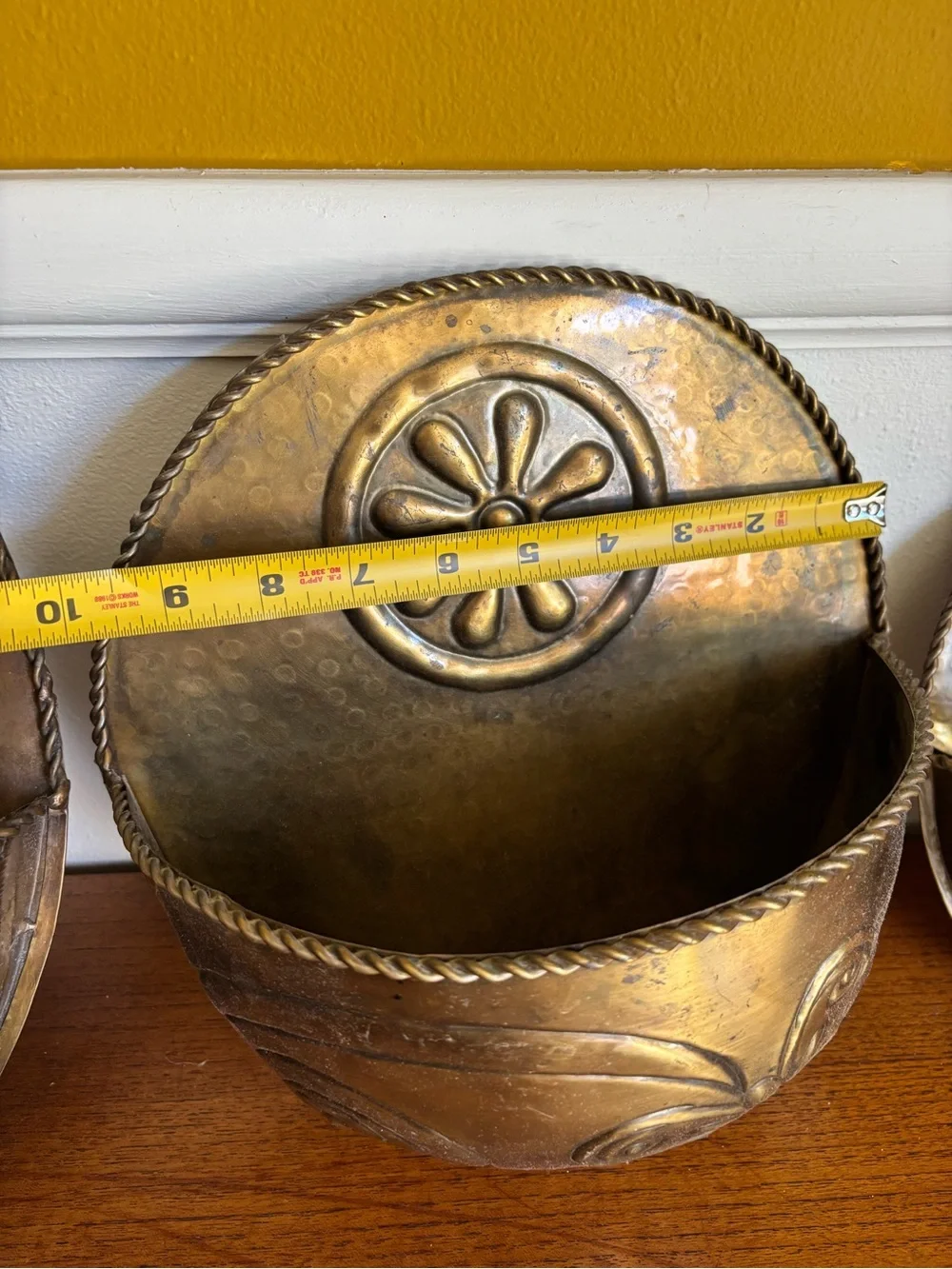 Set of three brass wall pocket hanging plant holders vintage butterfly flower